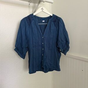 Navy Button-Up Blouse with Lace Detail